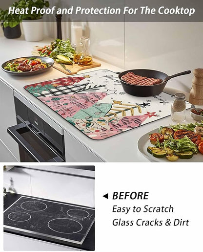 Stove Top Covers for Electric Stove 36x21 Inches, Pink Christmas Tree HeatResistant Glass Cooktop Protector, Vintage Beige Xmas Snowflake Doodle Ceramic Stovetop Countertop Covers Mat, Oven Cover
