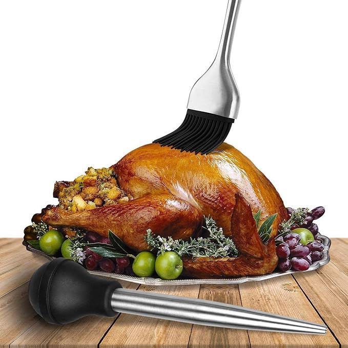 Deluxe 304 Stainless Steel Turkey Baster Syringe Injector Needle with Cleaning Brush & Heavy Duty 12 Inch Stainless Steel Handle Silicone BBQ Basting Brush