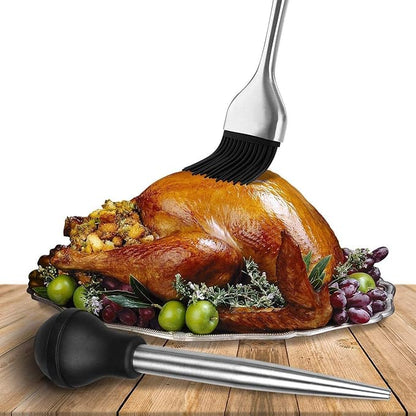 Deluxe 304 Stainless Steel Turkey Baster Syringe Injector Needle with Cleaning Brush & Heavy Duty 12 Inch Stainless Steel Handle Silicone BBQ Basting Brush