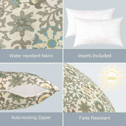 LVTXIII Outdoor/Indoor Lumbar Pillows, Decorative Patio Lumbar Cushions, Fluffy Water Repellent Garden Cushions for Home Patio Coach Sofa Use, 12×20 Inch, Pack of 2, Floral Symphony‌