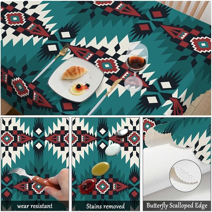 Swono Aztec Pattern Tablecloth Ethnic Native Style Boho Geometric Green Decorative Table Cover for Kitchen, Party Banquet and Holiday Tablecloth, 52x70 Inch(4-6 Seats)