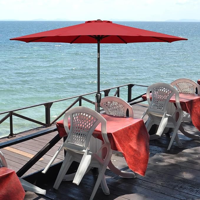 YSSOA 9' Patio Umbrella with 50lbs 20" Capacity Fillable Heavy Duty Round Base, 8 Sturdy Ribs, for Outdoor Lawn, Deck, Poolside, Red and Black