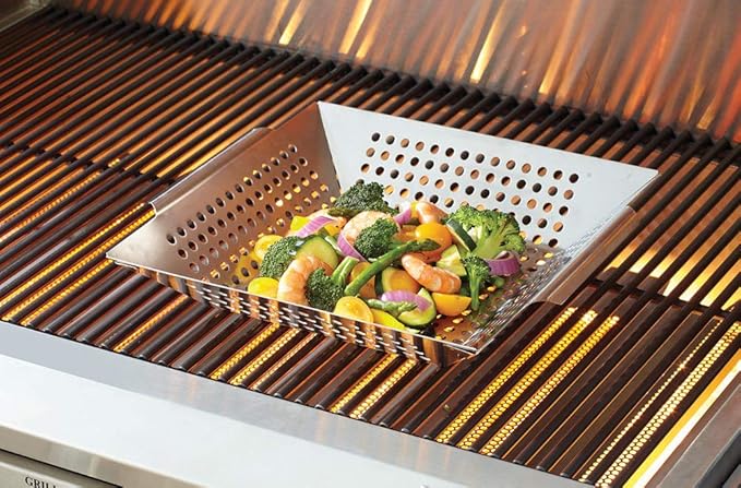 Stainless Steel Grilling Skillet - Large Strainer Basket with Built-In Handles - Grill Pan for Seafood & Vegetables - Outdoor Cooking, Camping & Backpacking Grilling Accessory by Mr. Bar-B-Q 06034Y