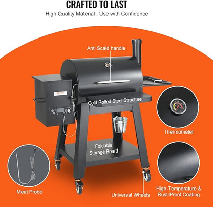 VEVOR Smoker Grill, Portable Wood Pellet Grill with Cart, 8 IN 1 BBQ Grill with PID Temperature Control for Outdoor Cooking, Barbecue Camping, Picnic, 730 sq, Patio and Backyard, Black