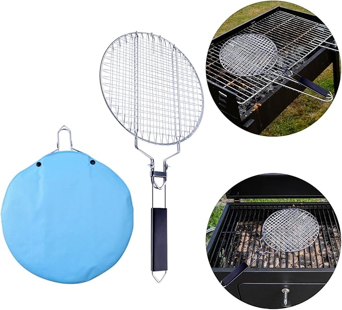 Round Grill Basket, Folding Stainless Steel Barbecue Nets Grilling Accessories, Metal Fish Clips with Removable Handle, Non-stick Clamp Grilled BBQ Supply, Outdoor Vegetable Grilling Rack