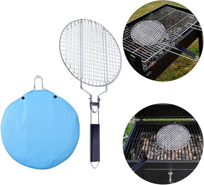Round Grill Basket, Folding Stainless Steel Barbecue Nets Grilling Accessories, Metal Fish Clips with Removable Handle, Non-stick Clamp Grilled BBQ Supply, Outdoor Vegetable Grilling Rack