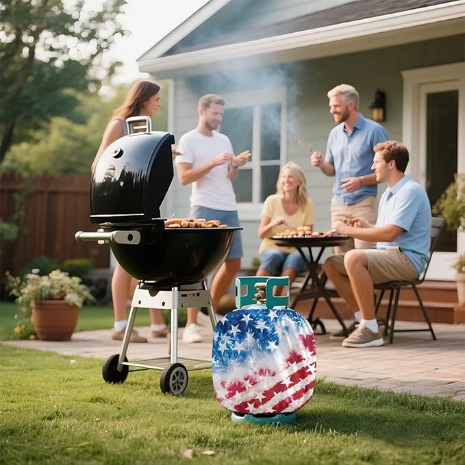 Dual Propane Tank Cover 20 lb Patriotic American Flag Weather Resistant Gas Cylinder Polyester Blue Red 4th of July Decoration for Travel Trailer RV and Outdoor Use