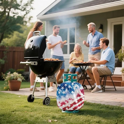 Dual Propane Tank Cover 20 lb Patriotic American Flag Weather Resistant Gas Cylinder Polyester Blue Red 4th of July Decoration for Travel Trailer RV and Outdoor Use