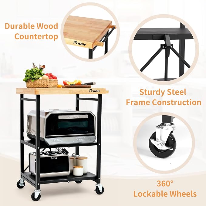 PLKOW Foldable 3-Tier Rolling Kitchen Cart with Solid Oak Top, Black | Solid oak top, fold-flat steel frame, 3-tier storage, and lockable swivel wheels for kitchens and compact spaces.