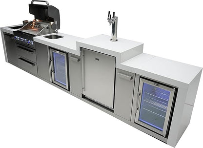 Mont Alpi 168"W Stainless Steel Deluxe Modular Outdoor Kitchen Island with Fridge Faucet & Sink Combo + 3 Tap Kegerator Beer Dispenser + 32"W 4-Burner BBQ Grill + Granite Countertops + Storage + Cover