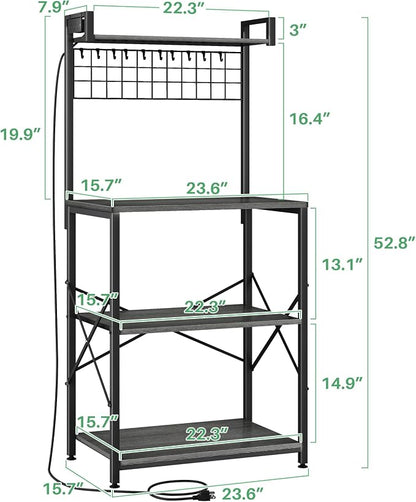 SNTD Bakers Rack with Power Outlet, Microwave Stand, Grey, 23.5" W | Coffee Stand, 4 Tiers Kitchen Storage Shelves, Wire Grid Panel, 10 Hooks, Metal Frame, Triple X-Shaped Reinforcement