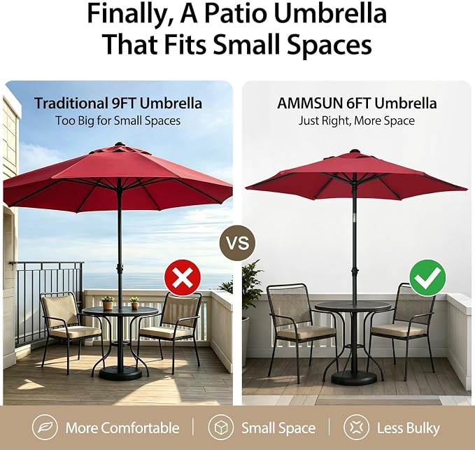 AMMSUN 6FT Patio Umbrella, Outdoor Table Umbrella with Push Button Tilt | UPF50+ Sun Protection and Water-Resistant Fabric, Premium Steel Pole and Ribs, Height-Adjustable and Push-Button Tilt