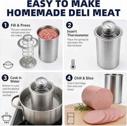Deli Meat Press & Lunch Meat Mold 304 Stainless Steel Ham Maker with Visual Window and Upgraded Large Fahrenheit Thermometer, 20 Cooking Bags for Healthy Homemade Cold Cuts