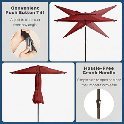 Outdoor Patio Umbrella, 2 Tiers Market Table Umbrella with 8 Sturdy Ribs, Push Button Tilt and Crank, UPF50+ UV Protection for Deck, Pool, Garden and Backyard