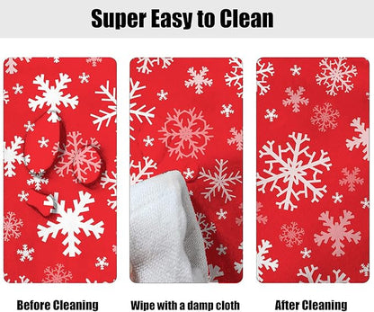 Christmas Elastic Fitted Tablecloths, White Snowflakes on Red Background Oval Table Covers, Fits Oval Tables up to 52" x 70", Polyester Table Cloth Wrinkle Resistant Decor Indoor Family Banquet Use