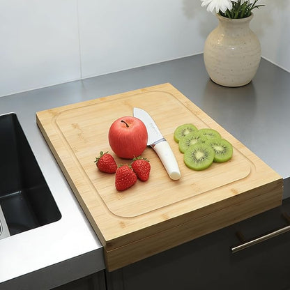 BAMOTTO CRAFTBAMBOO Bamboo Cutting Board for Kitchen 12.6"x17.7", Reversible with Dual Juice Grooves, Detachable Front Lip for Counter & Over-Sink, Large Chopping Board for Bread Meat Vegetables