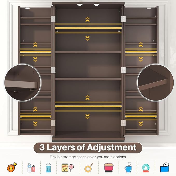 kepptory Brown Pantry Cabinet with Golden Metal Base, 51" Freestanding Kitchen Storage Cabinet, Adjustable Shelves Food Pantry Organization for Kitchen, Living Room, Hallway, Tall Pantry Cabinet
