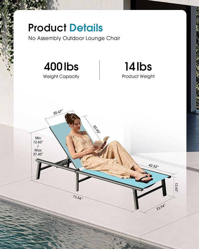 Ciokea Foldable Outdoor Lounge Chair, No Assembly Patio Chaise Lounge Outdoor with 5-Positions, Aluminum Pool Lounge Chair with Portable Design for Pool, Beach, Deck, Backyard, Lake Blue