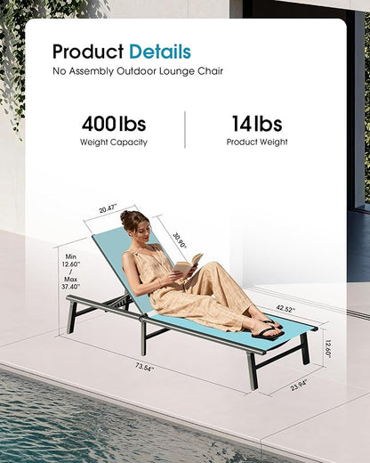 Ciokea Foldable Outdoor Lounge Chair, No Assembly Patio Chaise Lounge Outdoor with 5-Positions, Aluminum Pool Lounge Chair with Portable Design for Pool, Beach, Deck, Backyard, Lake Blue
