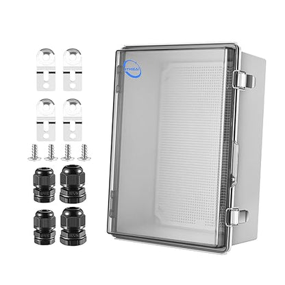 RTHIEAI Waterproof Outdoor IP67 Junction Box (11.4"x7.5"x5.5") with Mounting Plate, Hinged Clear Cover and Wall Brackets - Weatherproof ABS Plastic Electrical Enclosure for DIY Projects(290x190x140mm)