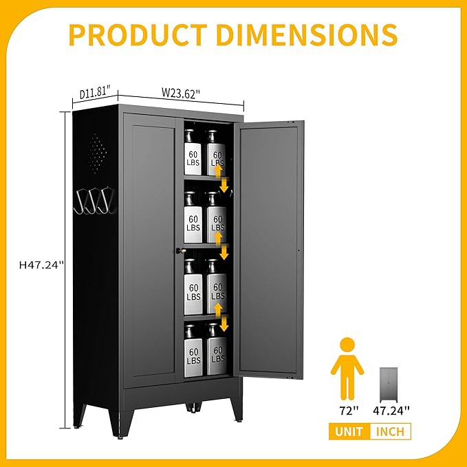 Metal Pantry Cabinet, Kitchen Pantry Storage Cabinets with 2 Doors and 3 Adjustable Shelves, White Kitchen Pantry Cabinet for Dining Room, Living Room, Assemble Required (Black)