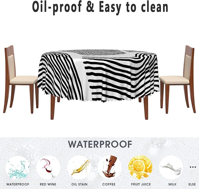 Black White Stripes Table Cloth for Round Chic Striped Circle Tablecloths Polyester Vintage for Picnic Party Dinner Wrinkle Oil-Proof Resistant Table Cover for Dining Table 70x70 Inch