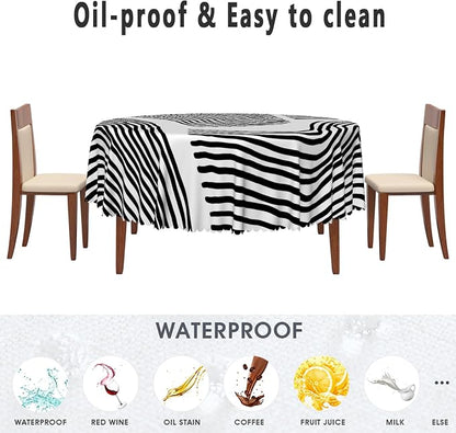 Black White Stripes Table Cloth for Round Chic Striped Circle Tablecloths Polyester Vintage for Picnic Party Dinner Wrinkle Oil-Proof Resistant Table Cover for Dining Table 70x70 Inch