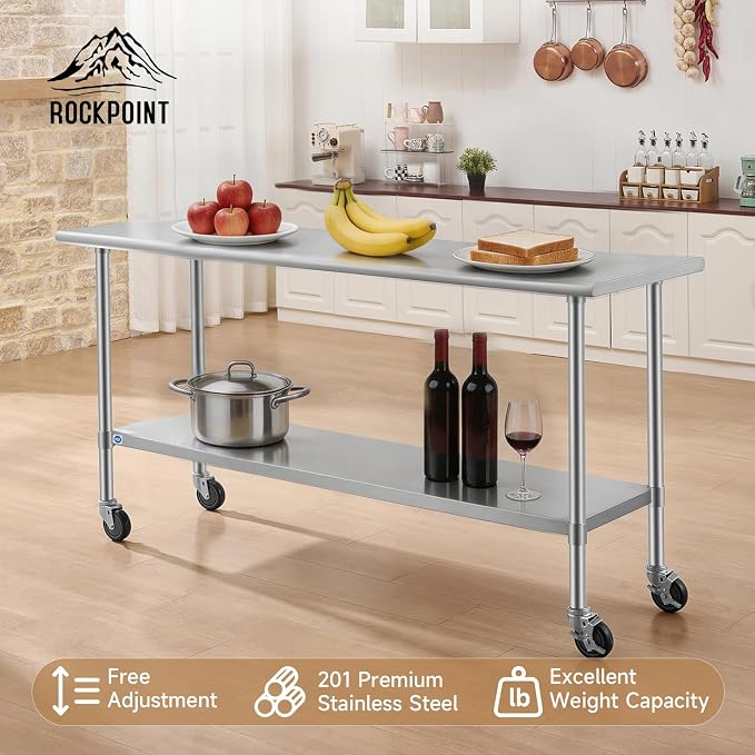 ROCKPOINT All Stainless Steel Prep Table with Caster 24x72 Inch, Commercial Heavy Duty Workbench with Stainless Legs & Adjustable Undershelf, 890 lb Capacity for Outdoor Kitchens with Wheel