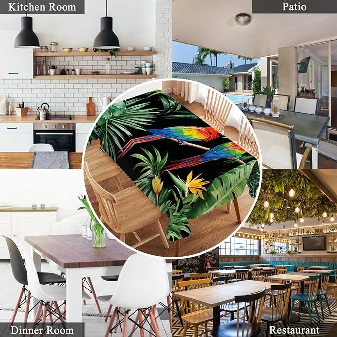 Swono 52x70 Inch Parrot Tablecloth Tropical Macaw Parrot Jungle Palm Leaves Farmhouse Dining Table Cloth Anti-Stain Talking Table Cover for Kitchen Dinning Room Coffee Store