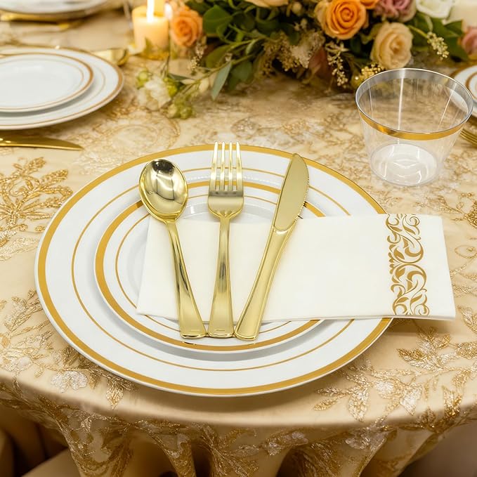 AIRE 350PCS Gold Plastic Plates for Party Supplies Dinnerware Sets for 50 Guests, Disposable Plastic Party Plates, Cups, Spoons, Forks, Knives, Napkins for Wedding Birthday Thanksgiving BBQ Parties