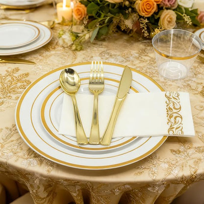 AIRE 350PCS Gold Plastic Plates for Party Supplies Dinnerware Sets for 50 Guests, Disposable Plastic Party Plates, Cups, Spoons, Forks, Knives, Napkins for Wedding Birthday Thanksgiving BBQ Parties