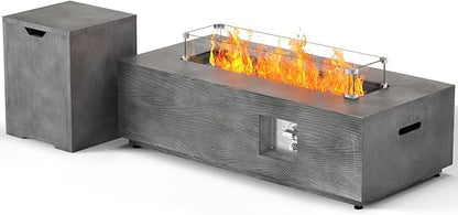 SUNPEAK 42" Rectangular Propane Fire Pit Table 50,000 BTU Fireplace Table with Wind Guard, Lid, Rocks and Cover - Fire Pits & Outdoor Fireplaces - Gas Fire Pits for Outside Patio (Charred Oak, 42")