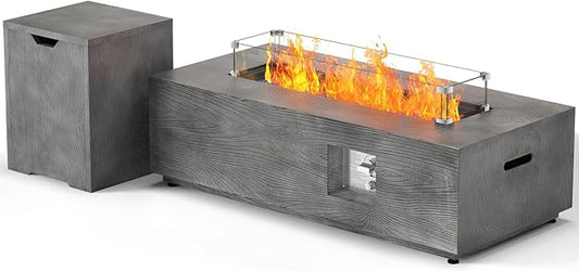 SUNPEAK 42" Rectangular Propane Fire Pit Table 50,000 BTU Fireplace Table with Wind Guard, Lid, Rocks and Cover - Fire Pits & Outdoor Fireplaces - Gas Fire Pits for Outside Patio (Charred Oak, 42")