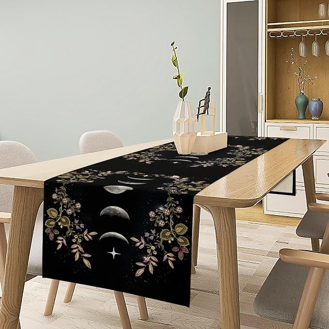 Boho Floral Moon Table Runner, Cotton Linen Non-Slip Dining Table Runners Black Flower Wildflower Moon Decor, Dresser Scarves for Coffee Table Wedding Holiday Party Tabletop Kitchen Decor 13x60Inch