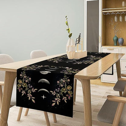 Boho Floral Moon Table Runner, Cotton Linen Non-Slip Dining Table Runners Black Flower Wildflower Moon Decor, Dresser Scarves for Coffee Table Wedding Holiday Party Tabletop Kitchen Decor 13x60Inch
