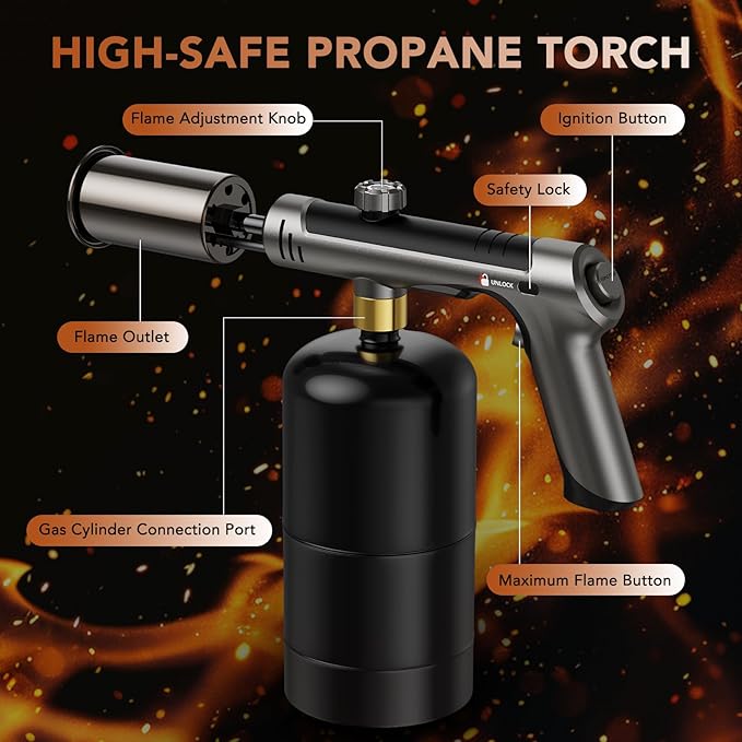 Propane Torch Gun with Safety Lock and One-Touch Max Fire – Adjustable Kitchen Cooking Torch & Flame Thrower for BBQ, Grilling, Sous Vide, Searing, Campfire Starter (Tank Not Included)