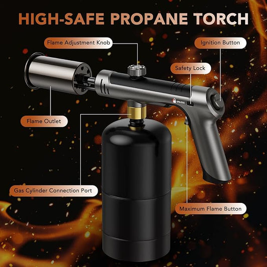 Propane Torch Gun with Safety Lock and One-Touch Max Fire – Adjustable Kitchen Cooking Torch & Flame Thrower for BBQ, Grilling, Sous Vide, Searing, Campfire Starter (Tank Not Included)