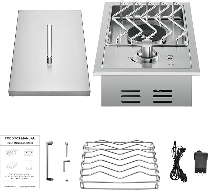 Single Grilling Side Burners for Outdoor Grill, 15,000BTU Natural Gas Side Burner, Sturdy 304 Stainless Steel, with Liquid Propane Kit, Drop-in Side Burner for Outdoor Kitchen BBQ Island