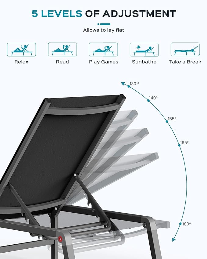 Ciokea Aluminum Foldable Lounge Chairs Set of 2 with 1 Outdoor Aluminum Side Table ，Perfect Match ，Suitable for Courtyard, Balcony, Lawn and Other Scenes，Black