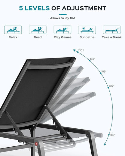Ciokea Aluminum Foldable Lounge Chairs Set of 4 with 3 Outdoor Aluminum Side Table, Perfect Match, Suitable for Courtyard, Balcony, Lawn and Other Scenes, Black