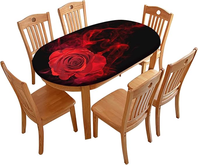 Valentine's Day Oval Fitted Polyester Tablecloth, Red Rose Pattern Elastic Edged Polyester Spill Proof Table Cover, Great for Home Kitchen/Parties/Holiday Dinner Party, Fit to 54" W x 76" L Table