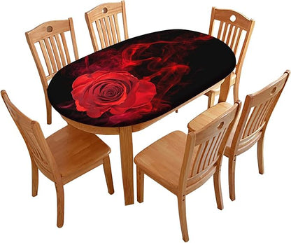 Valentine's Day Oval Fitted Polyester Tablecloth, Red Rose Pattern Elastic Edged Polyester Spill Proof Table Cover, Great for Home Kitchen/Parties/Holiday Dinner Party, Fit to 52" W x 70" L Table
