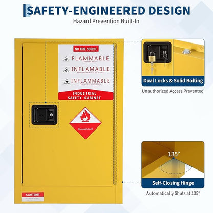 Hazardous Storage Flammable Cabinets, Fire Resistant Safety Cabinet for Flammable Liquids | Cold-Rolled Steel Construction w/Spill Containment Tray, Ventilation Holes & Grounding | Adjustable Shelf