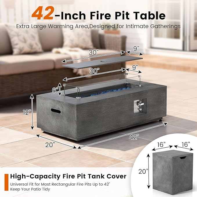 SUNPEAK 42" Rectangular Propane Fire Pit Table 50,000 BTU Fireplace Table with Wind Guard, Lid, Rocks and Cover - Fire Pits & Outdoor Fireplaces - Gas Fire Pits for Outside Patio (Charred Oak, 42")