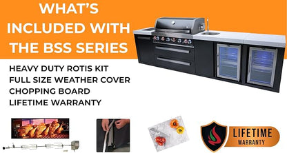 Mont Alpi 82"W x 50"D x 46"H Black Stainless Steel L-shaped Outdoor Kitchen Island with Refrigerator + 32"W 4-Burner BBQ Grill + Granite Countertops + Storage Cabinets + Drawers + Rotisserie + Cover