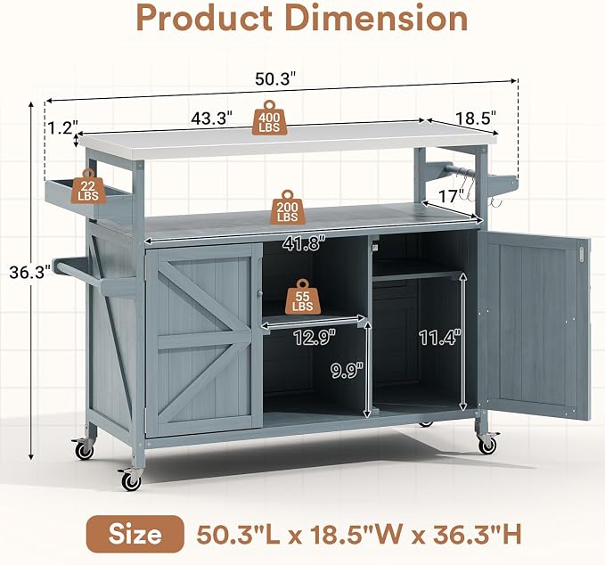 Zevemomo Outdoor Grill Cart with Storage, Lockable Casters, Gray-Blue | Stainless Steel Tabletop Outdoor Kitchen Island, Fir Wood Outdoor Buffet Cabinet for Kitchen & Barbecue
