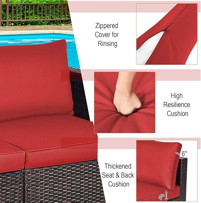 Tangkula 2 Seat Outdoor Wicker Loveseat Sofa Set, Modular PE Rattan 2 Pieces Outdoor Wicker Corner Sofa, Outside Furniture Set for Deck, Backyard, Porch, Garden & Poolside, Red