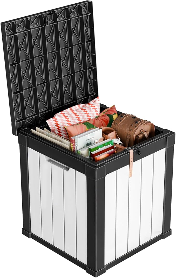 50 Gallon Outdoor Deck Box, Lockable Waterproof Outdoor Storage Boxes For Garden Tools,Indoor Cushions,Accessories Outside Storage Resin Weatherproof Container(Black&White)