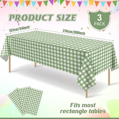 3 Pcs Sage Green Gingham Tablecloths, Checkered Table Covers 54 x 108 Inch | Green and White Checkered Tablecloths, Disposable Waterproof for Baby & Bridal Shower Picnic Camping Barbecue Birthday Party