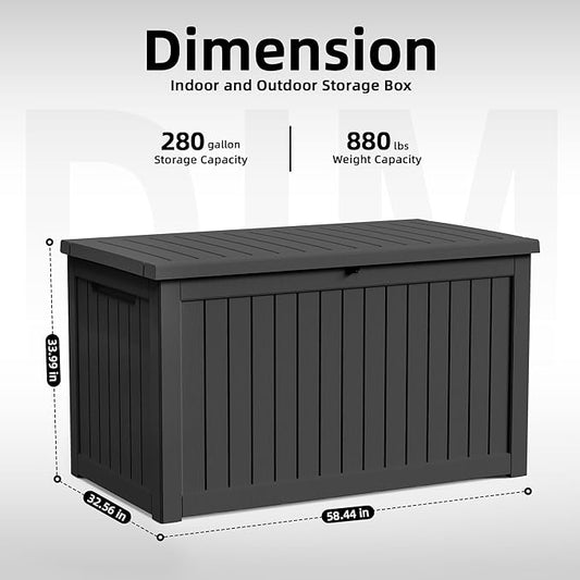 280 Gallon Outdoor Storage Box Waterproof, Resin Lockable Deck Box with Lid, Large Capacity Weatherproof Container for Patio Furniture Pool Accessories, Cushions(Black, 280 Gallon)
